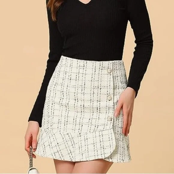 NWT! Allegra K Women's Plaid Skirts Ruffle Hem Button Decor Tweed Mini Skirt - Picture 4 of 5